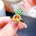 Creative pineapple ring with orange oval stone and green gemstone leaves in gold finish - Adjustable Ring