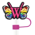 Rainbow butterfly straw topper with pink letter W detail for 10mm drinking straws - Letter W