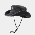 Outdoor vintage dark grey wide brim bucket hat with white wave embroidery and adjustable strap - One Size / Black
