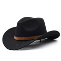 Detail of classic black wool felt cowboy hat with a brown decorative leather belt - M (56-58cm) / Black