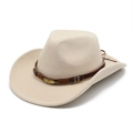 Beige wool felt western cowboy hat with ethnic braided band and golden feather detail - M (56-58cm) / Beige