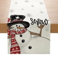 Christmas snowman table runner with snowflake prints on rustic wooden surface - Top Hat Snowman Snow Text