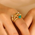 Golden frog ring with heart-shaped green gemstone and branch texture on ring band - Matte Gold 2397