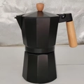 Classic black aluminum Moka pot with ergonomic wood-textured handle and knob finish - 150ml (3 Cups) / Single Valve / Black with Wood Handle