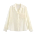 Chic cream yellow long sleeve shirt with embroidered pocket and lustrous finish fabric - S / Off White