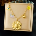 Gold sunflower pendant necklace with mixed charms on a stylish paperclip chain link - Sunflower All-Seeing Eye Smile Style(N3723)