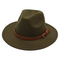 Classic dark green wool fedora hat with a brown leather belt buckle strap - One Size / Army Green