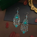 Bohemian long tassel earrings in antique silver finish with peacock green stones - Peacock Green Gem Silver Tassel Style (E3647)