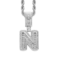 Close-up of silver-tone letter N hip-hop pendant with baguette and round cut cubic zirconia - Letter N Silver + 60cm Rope Chain