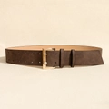 Deep brown suede wide belt with double-hole design and square gold metal buckle - Double-row Coffee