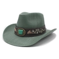 Gray-green straw cowboy hat with embroidered floral leather band and green gemstone - M (56-58cm) / Water Lily Green