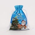 Blue Christmas drawstring gift bag with Santa and Merry Christmas print and white ribbon - 32*24 Sky Blue