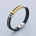 Men's black silicone bracelet with gold steel plate and silver woven wire accents - Style B Gold Color (KB186184-JZ)