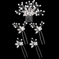 5-piece bridal hair set with silver leaves, pearls and crystals on a black background - Silver Leaf + Clear Crystal (Set of 5)