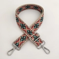 Detail of adjustable 3.8cm wide jacquard bag strap with silver metal buckles and bohemian pattern - Beige and Light Blue Flower with Silver Buckle