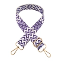 Close-up of adjustable purple and white wave pattern woven strap with gold metal buckles - A34 Purple White