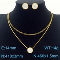 Gold double-layered heart necklace and round stud set with pavé white rhinestones - Round Rhinestone Style (KS201219-HDJ)