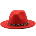 Detail of red wool fedora hat with zebra print band and silver metal buckle - M (56-58cm) / Orange Red