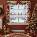 Christmas embroidered semi-sheer coffee curtain with festive candle and star patterns - Christmas Candle Cafe Curtain / 150*60cm