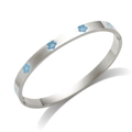 Polished stainless steel bangle featuring light blue enamel plum blossom floral patterns - Steel Color + Blue Enamel Flower
