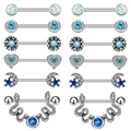 Blue heart and moon stainless steel nipple ring set with zircon and opal stones - Blue Series 6 Pairs Set