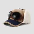 Kids corduroy pilot baseball hat with goggles and earflaps in khaki and navy blue - 52cm (2-5 Years) / Color Block Goggles-Khaki