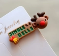 Close-up of reindeer Christmas hair clip with Jingle Bells text and 3D deer design - Style 31 Christmas Hair Clip