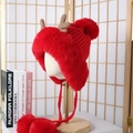 Red winter earflap hat with brown antlers and plush fur trim for Christmas style - Antler Ear Flap Plush Hat / Red