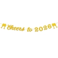 Striscione Cheers to 2026 glitterato oro con bicchieri di champagne per Capodanno - Stile Cheers to 2026 (J-0054-3)