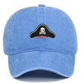 Detail of vintage washed blue cotton baseball cap with pirate skull embroidery - Adjustable / Light Blue