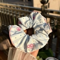 Blue and white striped scrunchie with pink embroidered bows and piping detail - Pink Trim Blue Stripe Scrunchie with Pink Bow