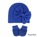 Royal blue baby hat and mittens set with large bow decoration for infants aged 0-6 months - Sapphire Blue