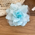 Close-up of light blue fabric mesh flower hair clip with delicate petal details - Sky Blue Mesh Rose Duckbill Clip (17#) / Green