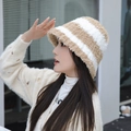 Winter striped faux fur bucket hat in beige and white plush material for women - Striped Fisherman-Khaki