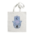 White canvas tote bag featuring a Hamsa Hand graphic in purple and blue artistic design - Boho Hamsa F