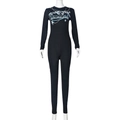 Detail of black long sleeve bodysuit with Y2K blue graphic print and chain decoration - S / Black