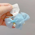 Light blue organza scrunchie with polka dots and faux pearl pendants for girls - Hair Ties (Pair) / Blue
