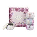 Pink floral scented candle gift set with four round metal tin containers in a square box - No.30 Pink Purple Floral Gift Box (Inc. 4 Empty Tins)