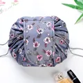 Lazy drawstring makeup bag in dark grey with elegant pink rose floral print design - Rose (Purple)