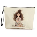 Portable cream canvas makeup bag featuring a cute cartoon girl print and black wrist strap - Healing Big Curly Hair Girl (Style 3)