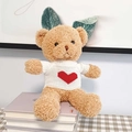 Brown teddy bear in white knit sweater with red heart, sitting on books - Brown Bear - White Sweater Red Heart / 30cm