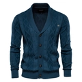 Men's V-neck thick knit cardigan in dark navy blue with classic cable knit pattern - Navy Blue