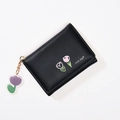 Cartera compacta negra de tres pliegues para mujer con estampado de tulipa y colgante dorado - Negro