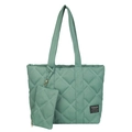 Pale green quilted nylon tote bag with matching mini coin purse and black fabric label - Style 1 Green