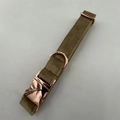 Detail of olive velvet dog collar with premium rose gold quick-release metal buckle - Khaki