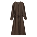 Deep brown polka dot dress with belt, single-breasted design and long sleeves - XS / Brown