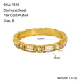 Size 8 golden stainless steel ring with 18k gold plating and rectangular glass stones - Alternating Rectangle And Round Stones Style (1141)