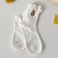 White ribbed mid-calf cotton socks with cute brown teddy bear embroidery detail - One Size / White