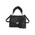 Black pleated tote bag with heart buckle and cloud handle on white background - Black