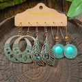Vintage bohemian 3-piece earring set featuring turquoise, feather motifs and bronze alloy - Geometric Ring Hollow Feather Turquoise Style (HQEF-1464)